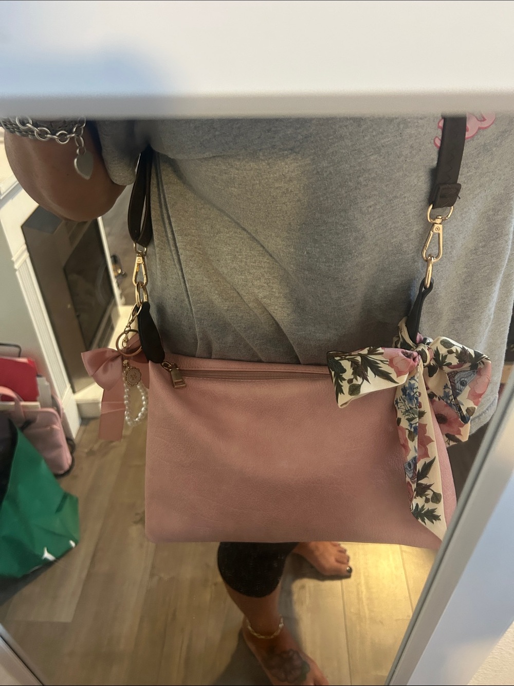 Pink Crossbody Bag with Floral Twilly and Bow Charm - Picture 7 of 7